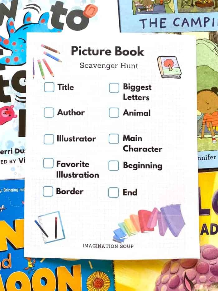 Have fun with picture books! Download this free picture book scavenger hunt for kids.