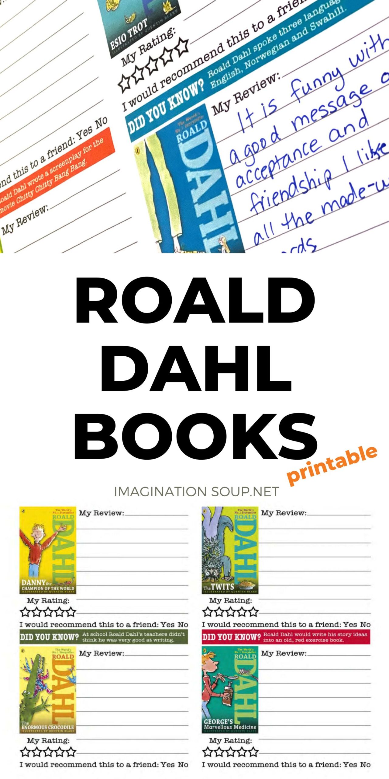 Have your children read all the Roald Dahl books? If you're tracking how many Roald Dahl books you've read, download this free printable booklet so you can keep track of all of the books, your reviews, and the ratings. This printable booklet gives you fun facts, space for your book reviews, a place to put how many stars you give each book, as well as a chance to say if you'd recommend it to a friend.
