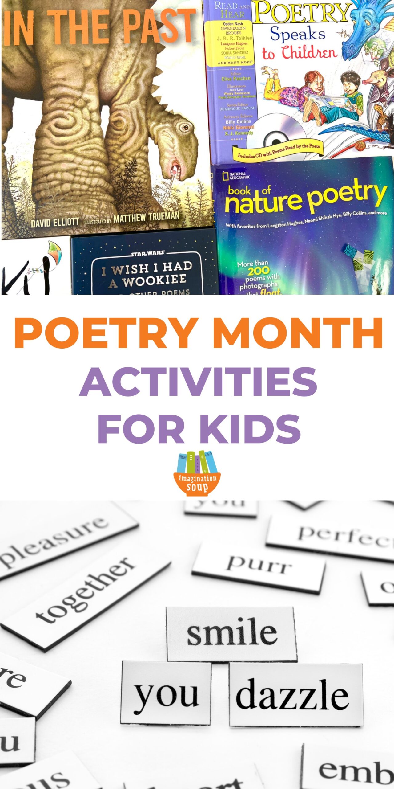 Poetry month is often the time we remember to teach poetry to kids and help our children write poetry. But you can read and write poetry with kids all year long--not just during poetry month!

Elementary teachers love teaching children to write poetry because it's so accessible -- poems are short! The payoff is more immediate than with longer narrative or expository writing. Plus, poetry lends itself to teaching kids about figurative language, voice, sensory images, showing, not telling, and more.